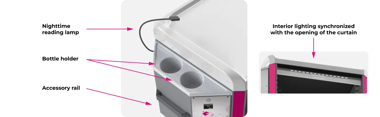 Neop® Lock is not just about the motorized curtain. This option also includes a reader for night care, the interior lighting of the trolley, a bottle support and a rail for accessories. These elements make Neop® lock an essential element to improve the ergonomics of your trolley.
